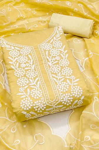 yellow chanderi embroidered unstitched dress materials 3 pair top bottom dupatta