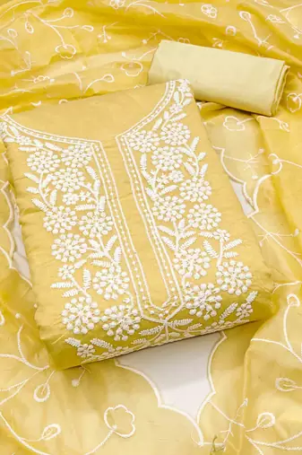 yellow chanderi embroidered unstitched dress materials 3 pair top bottom dupatta