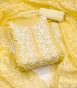 yellow chanderi embroidered unstitched dress materials 3 pair top bottom dupatta