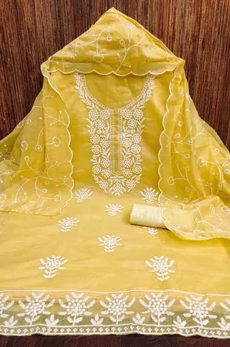 yellow chanderi embroidered unstitched dress materials 3 pair top bottom dupatta
