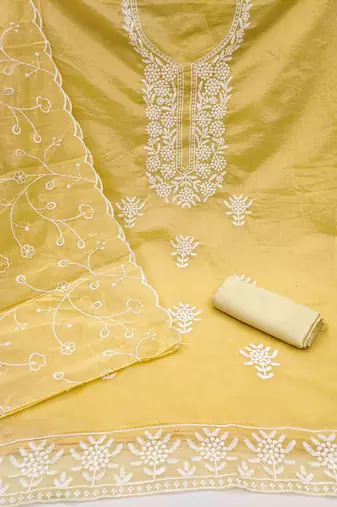 yellow chanderi embroidered unstitched dress materials 3 pair top bottom dupatta