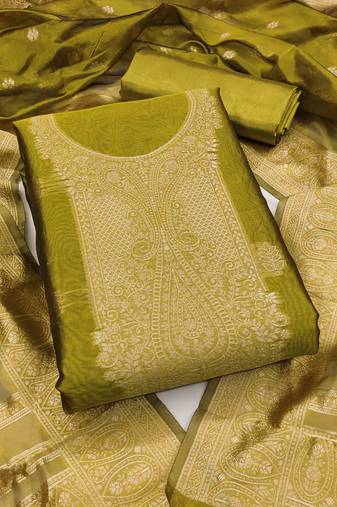 green silk blend embroidered unstitched dressmaterials 3 pair top bottom dupptaa