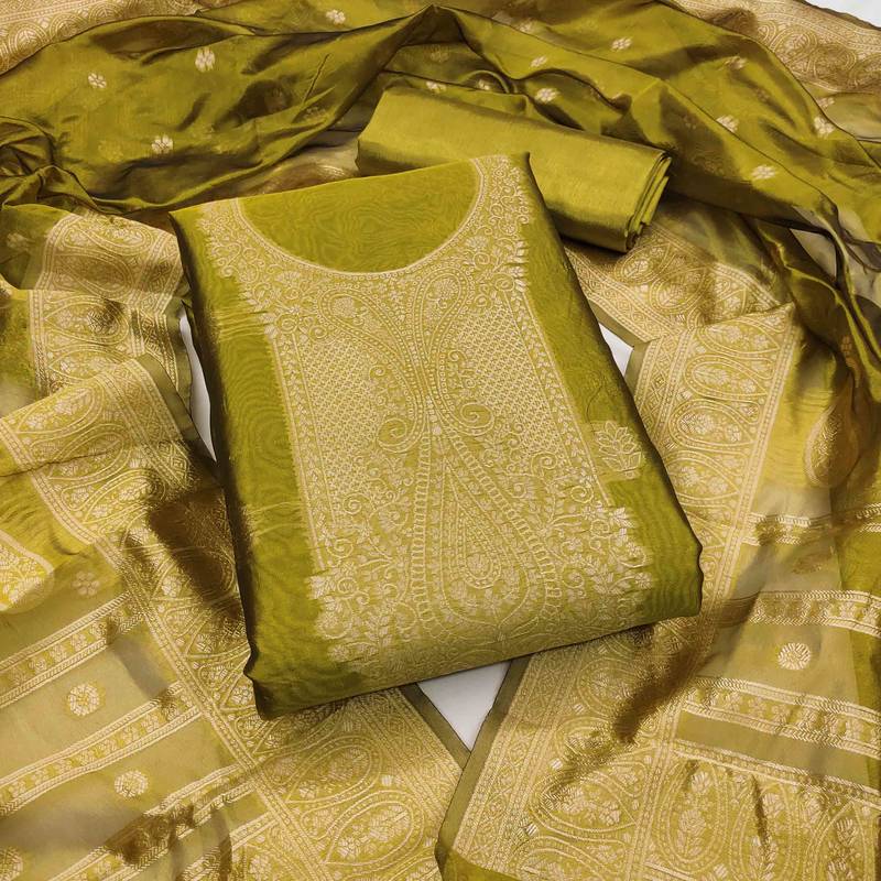 green silk blend embroidered unstitched dressmaterials 3 pair top bottom dupptaa