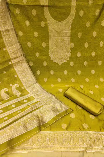 green silk blend embroidered unstitched dressmaterials 3 pair top bottom dupptaa