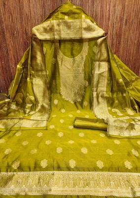 green silk blend embroidered unstitched dressmaterials 3 pair top bottom dupptaa 3