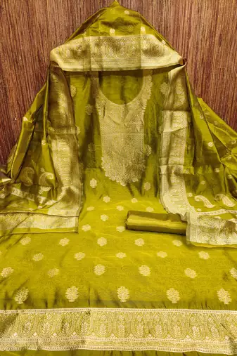 green silk blend embroidered unstitched dressmaterials 3 pair top bottom dupptaa