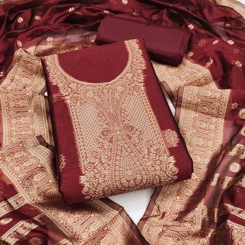 maroon silk blend embroidered unstitched dressmaterials 3 pair top bottom dupptaa 1