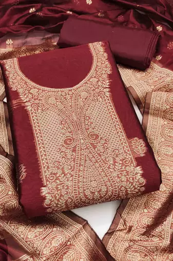 maroon silk blend embroidered unstitched dressmaterials 3 pair top bottom dupptaa