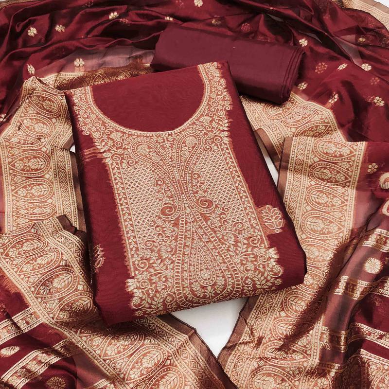 maroon silk blend embroidered unstitched dressmaterials 3 pair top bottom dupptaa