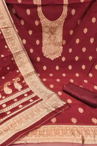 maroon silk blend embroidered unstitched dressmaterials 3 pair top bottom dupptaa