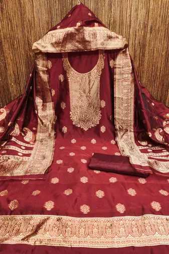 maroon silk blend embroidered unstitched dressmaterials 3 pair top bottom dupptaa