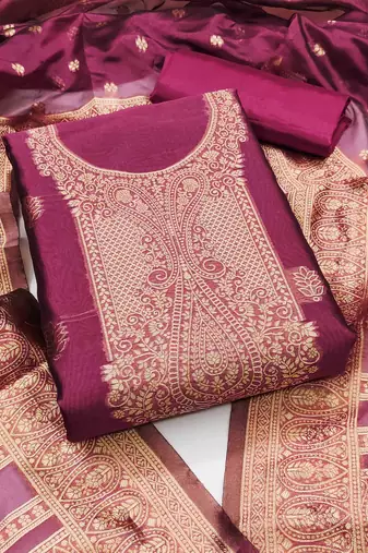 pink silk blend embroidered unstitched dressmaterials 3 pair top bottom dupptaa