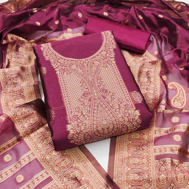 pink silk blend embroidered unstitched dressmaterials 3 pair top bottom dupptaa