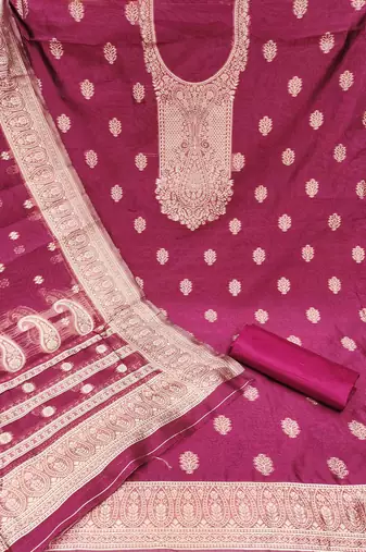 pink silk blend embroidered unstitched dressmaterials 3 pair top bottom dupptaa