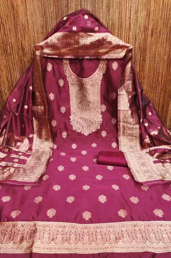 pink silk blend embroidered unstitched dressmaterials 3 pair top bottom dupptaa