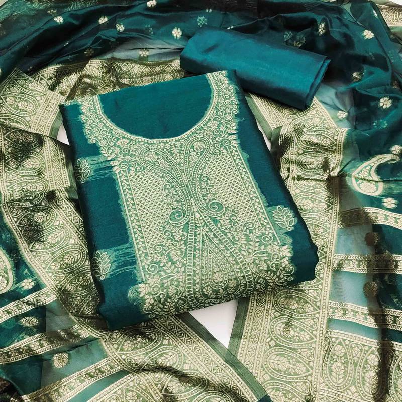 indigo silk blend embroidered unstitched dressmaterials 3 pair top bottom dupptaa