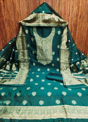 indigo silk blend embroidered unstitched dressmaterials 3 pair top bottom dupptaa 2