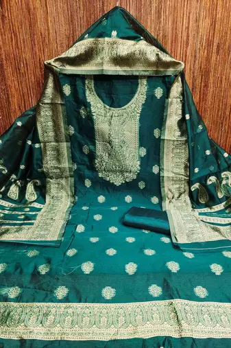 indigo silk blend embroidered unstitched dressmaterials 3 pair top bottom dupptaa