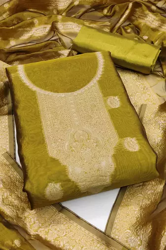 green silk blend embroidered unstitched dressmaterials 3 pair top bottom dupptaa