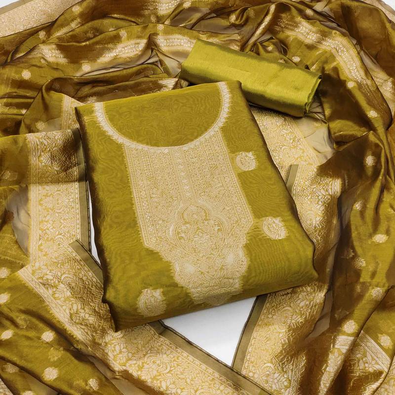 green silk blend embroidered unstitched dressmaterials 3 pair top bottom dupptaa