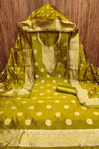 green silk blend embroidered unstitched dressmaterials 3 pair top bottom dupptaa