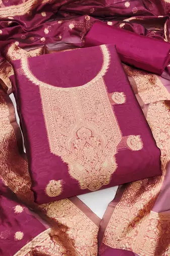 pink silk blend embroidered unstitched dressmaterials 3 pair top bottom dupptaa