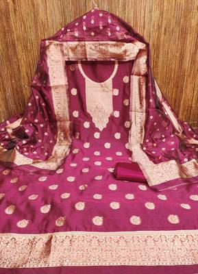 pink silk blend embroidered unstitched dressmaterials 3 pair top bottom dupptaa 3