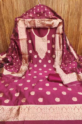pink silk blend embroidered unstitched dressmaterials 3 pair top bottom dupptaa