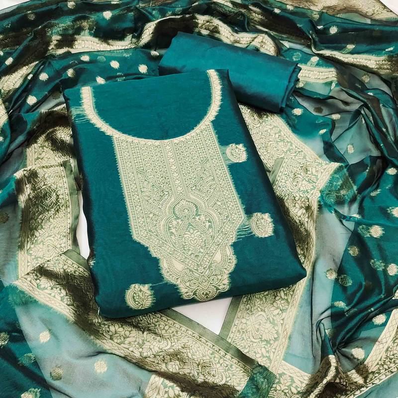 indigo silk blend embroidered unstitched dressmaterials 3 pair top bottom dupptaa