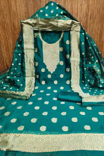 indigo silk blend embroidered unstitched dressmaterials 3 pair top bottom dupptaa