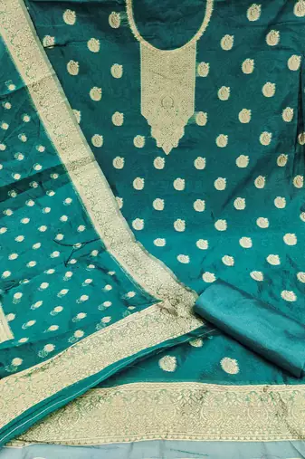 indigo silk blend embroidered unstitched dressmaterials 3 pair top bottom dupptaa