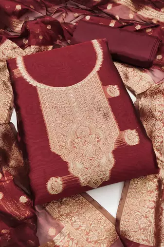 red silk blend embroidered unstitched dressmaterials 3 pair top bottom dupptaa