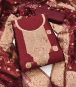 red silk blend embroidered unstitched dressmaterials 3 pair top bottom dupptaa