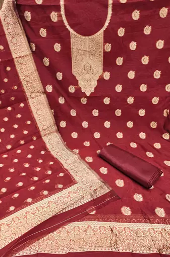 red silk blend embroidered unstitched dressmaterials 3 pair top bottom dupptaa