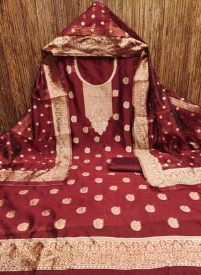 red silk blend embroidered unstitched dressmaterials 3 pair top bottom dupptaa 3