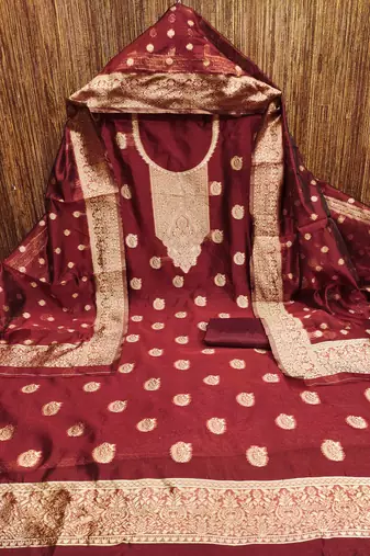 red silk blend embroidered unstitched dressmaterials 3 pair top bottom dupptaa