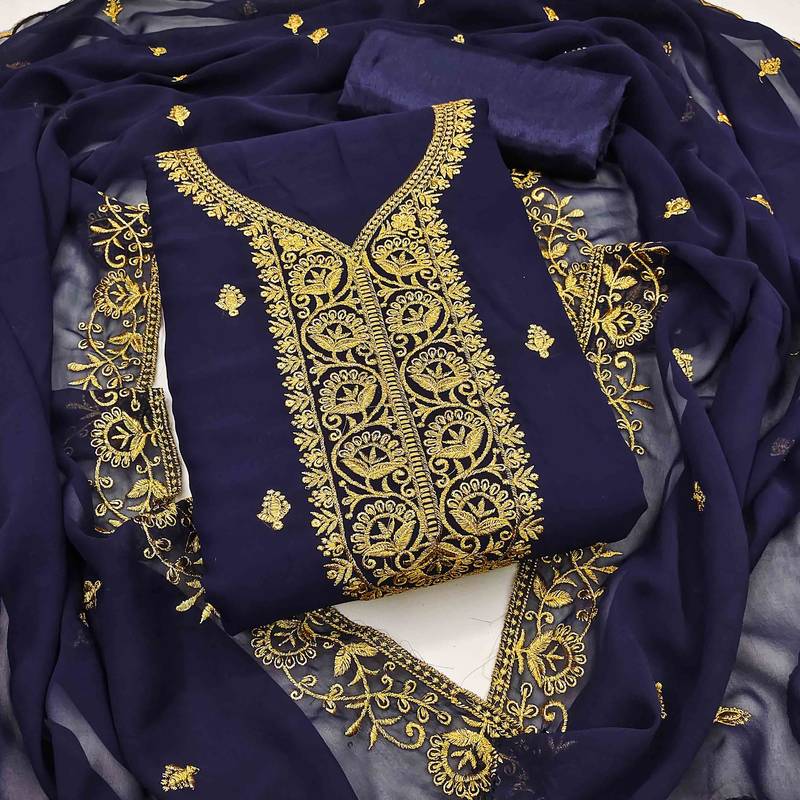 blue georgette embroidered unstitched dressmaterials 3 pair top bottom dupptaa