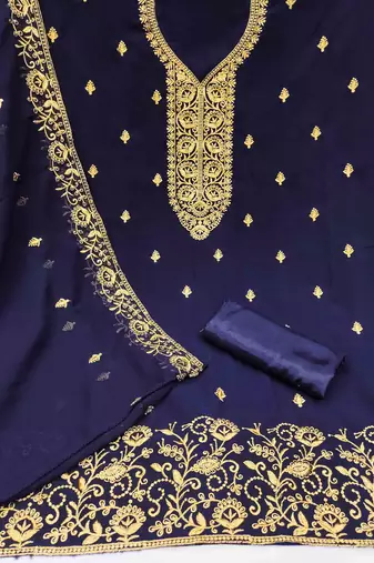 blue georgette embroidered unstitched dressmaterials 3 pair top bottom dupptaa