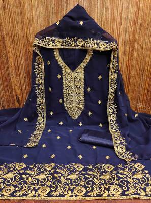 blue georgette embroidered unstitched dressmaterials 3 pair top bottom dupptaa 3