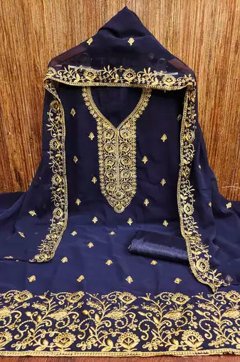 blue georgette embroidered unstitched dressmaterials 3 pair top bottom dupptaa