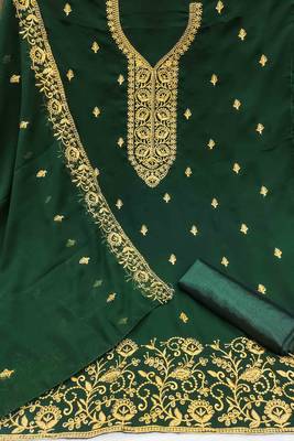 green georgette embroidered unstitched dressmaterials 3 pair top bottom dupptaa 2