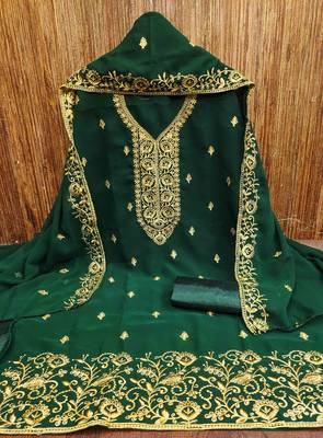 green georgette embroidered unstitched dressmaterials 3 pair top bottom dupptaa 3
