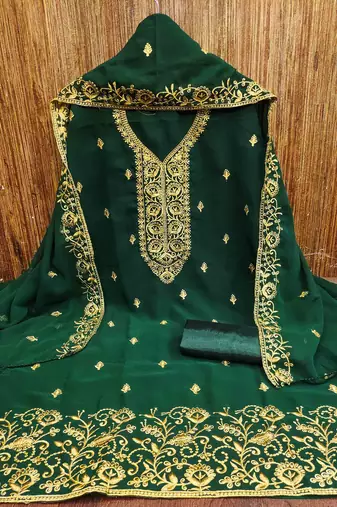 green georgette embroidered unstitched dressmaterials 3 pair top bottom dupptaa