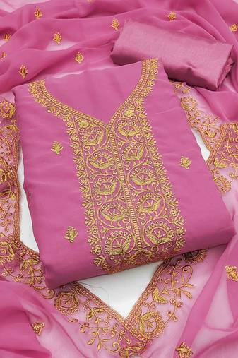 pink georgette embroidered unstitched dressmaterials 3 pair top bottom dupptaa