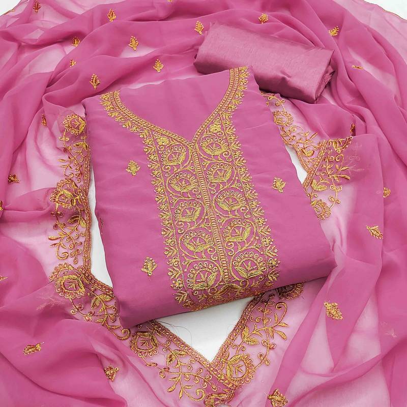 pink georgette embroidered unstitched dressmaterials 3 pair top bottom dupptaa