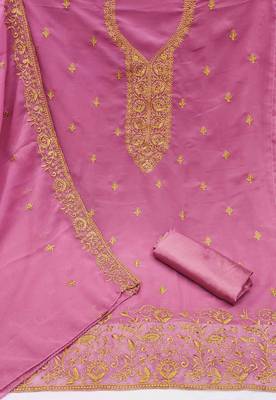 pink georgette embroidered unstitched dressmaterials 3 pair top bottom dupptaa 2