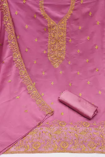 pink georgette embroidered unstitched dressmaterials 3 pair top bottom dupptaa