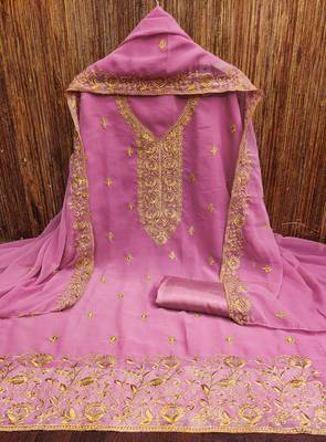 pink georgette embroidered unstitched dressmaterials 3 pair top bottom dupptaa 3
