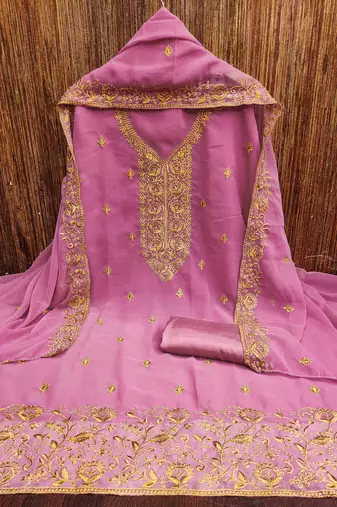 pink georgette embroidered unstitched dressmaterials 3 pair top bottom dupptaa