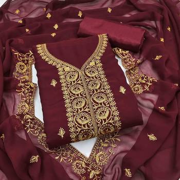 red georgette embroidered unstitched dressmaterials 3 pair top bottom dupptaa 1